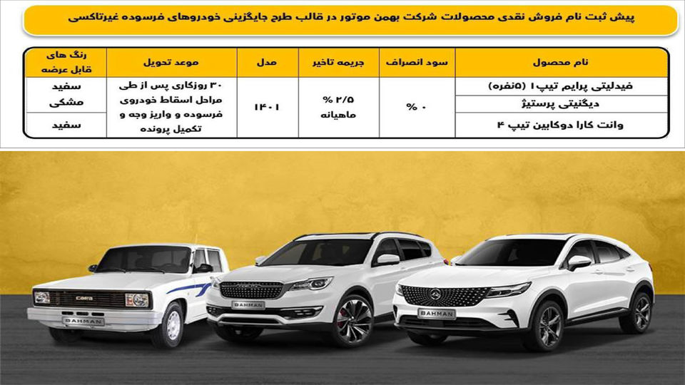 عرضه محصولات بهمن موتور در طرح جوانی جمعیت و جایگزینی خودروی فرسوده